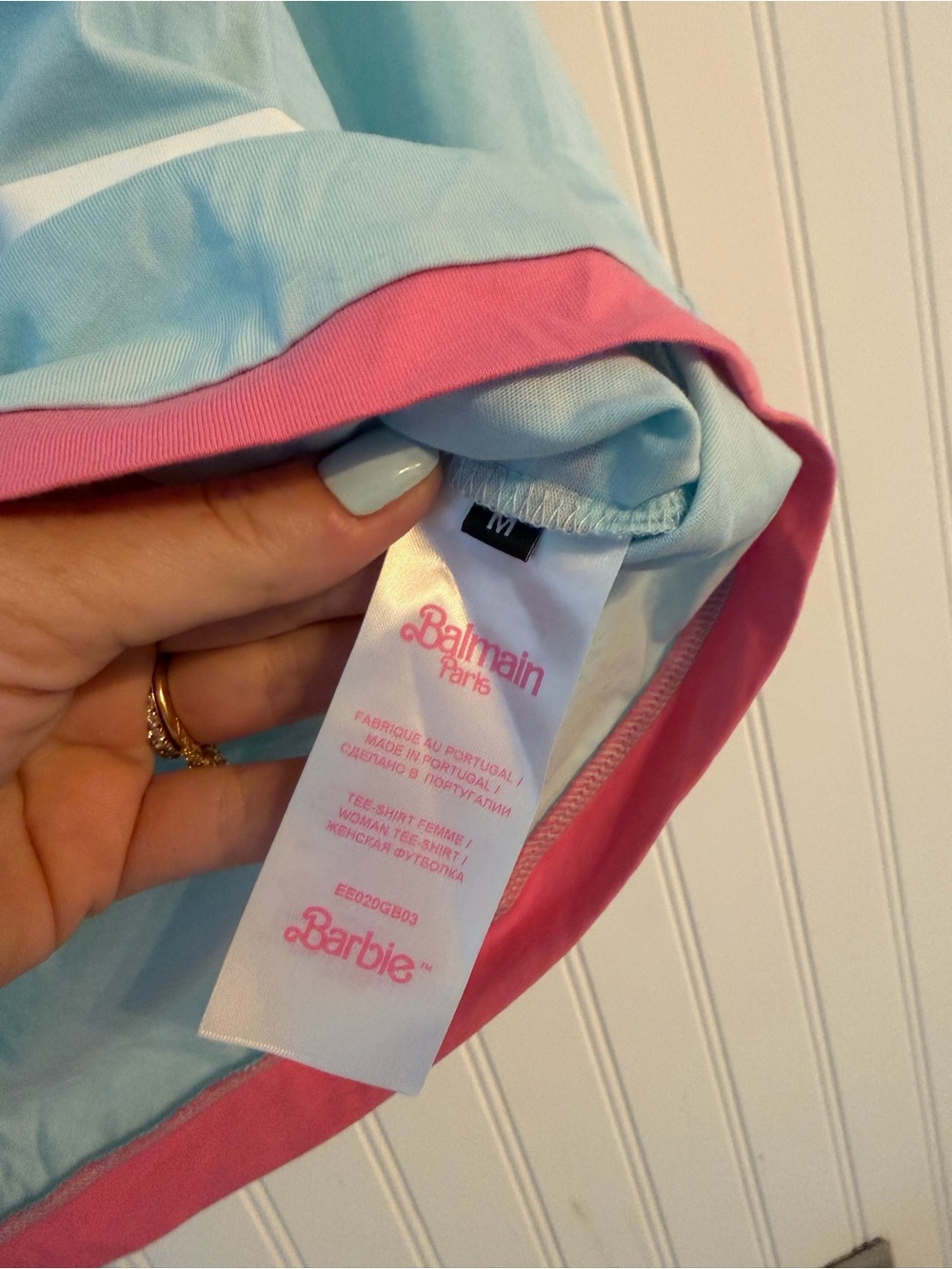 Balmain x Barbie Cropped Light Blue & Pink Star Graphic Tee - Picture 2 of 4